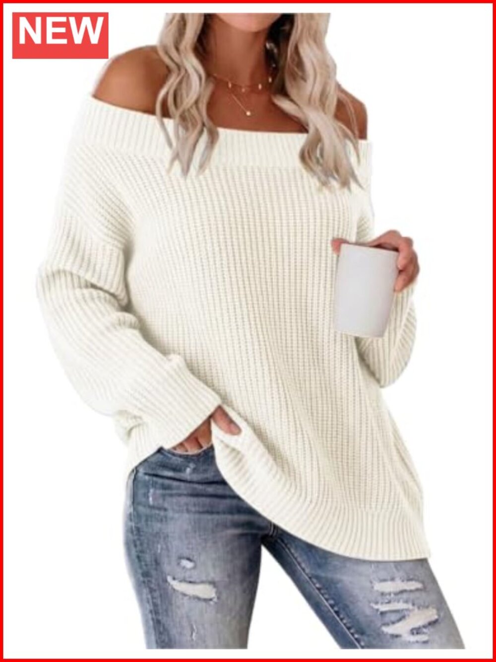 Off Shoulder Color Block Sweater Oversized Chunky Knit Pullover